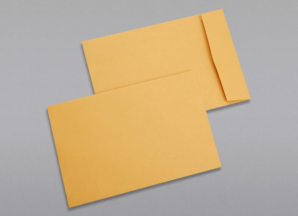 Front and back of a 6 1/2 x 9 1/2 Catalog Envelope 28# Brown Kraft with Regular Gum