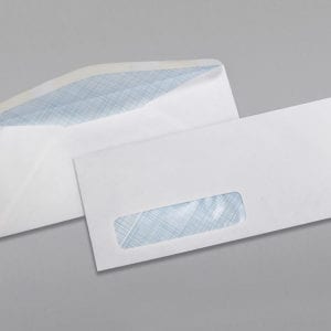 Front and back of a #10 Standard Window Envelope Blue Security Tint with Regular Gum