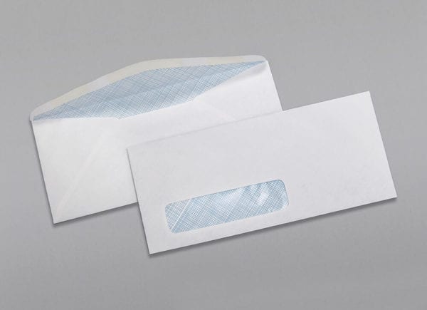 Front and back of a #10 Standard Window Envelope Blue Security Tint with Regular Gum