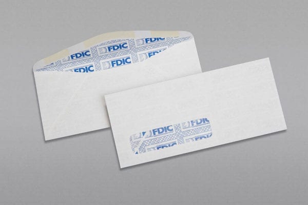 Front and back of a #10 Standard Window Envelope Blue FDIC Security Tint with Regular Gum