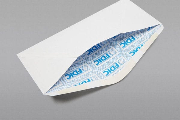 Close up of the back of a #10 Regular Envelope Blue FDIC Security Tint with Regular Gum