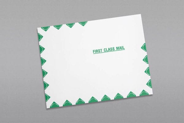Front of a 10 x 13 Catalog Envelope 28# White Wove First Class Border with Regular Gum