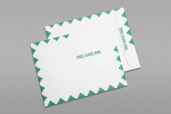 Front and back of a 10 x 13 Catalog Envelope 28# White Wove First Class Border with Regular Gum