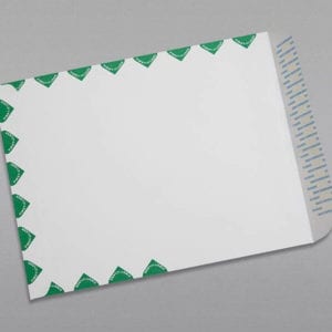 Back of a 10 x 13 Catalog Envelope 28# White Wove First Class Border with Peel & Stick