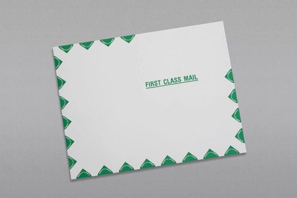Front of a 10 x 13 Catalog Envelope 28# White Wove First Class Border with Peel & Stick