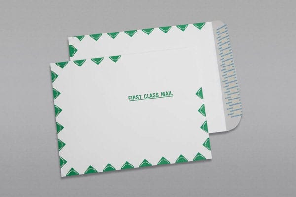 Front and back of a 10 x 13 Catalog Envelope 28# White Wove First Class Border with Peel & Stick