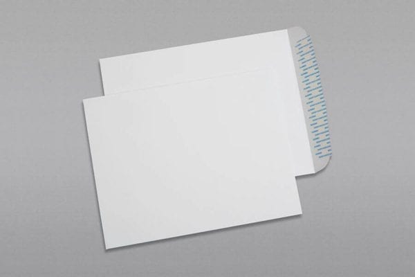 Front and back of a 10 x 13 Catalog Envelope 28# White Wove with Peel & Stick