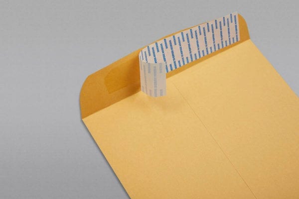 Close up peel & stick strip of a 10 x 13 Catalog Envelope 28# Brown Kraft with Peel & Stick