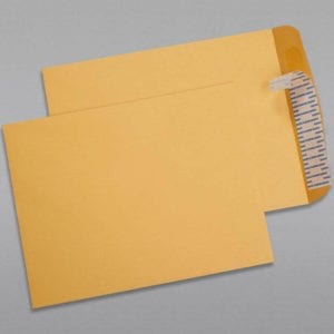 Front and back of a 10 x 13 Catalog Envelope 28# Brown Kraft with Peel & Stick
