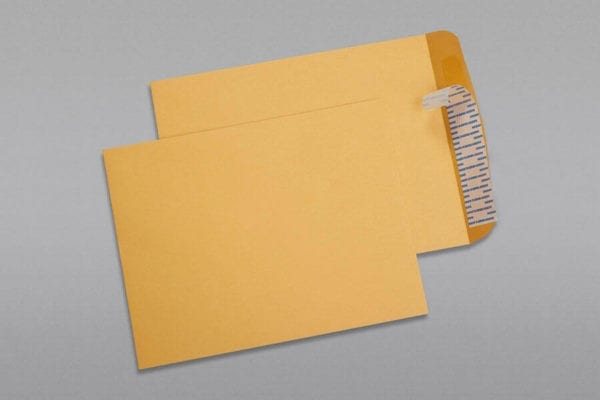 Front and back of a 10 x 13 Catalog Envelope 28# Brown Kraft with Peel & Stick