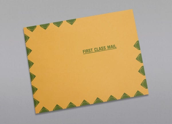 Front of a 10 x 13 Catalog Envelope 28# Brown Kraft First Class Border with Peel & Stick
