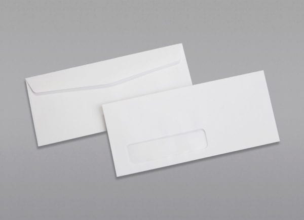 Front and back of a #10 Standard Window Side Seam Envelope with Regular Gum