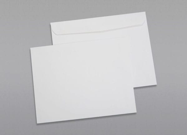 Front and back of a 10 x 13 Booklet Envelope 28# White Wove with Regular Gum