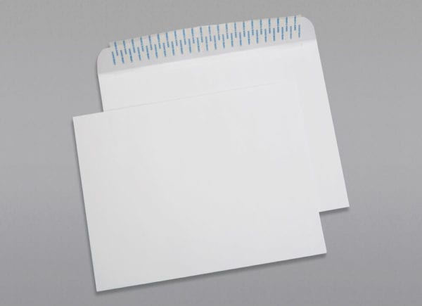 Front and back of a 10 x 13 Booklet Envelope 28# White Wove with Peel & Stick
