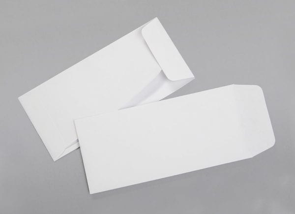 Front and back of a 3 1/4 x 7 Regular Open End Envelope with Latex Gum