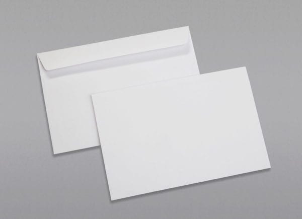 Front and back of a 6 x 9 Booklet Envelope 24# White Wove with Regular Gum