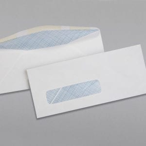 Front and back of a 8 5/8 Check Window Envelope Blue Security Tint with Regular Gum