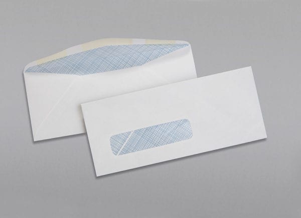 Front and back of a 8 5/8 Check Window Envelope Blue Security Tint with Regular Gum
