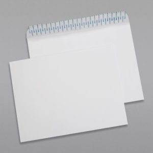 Front and back of a 9 x 12 Booklet Envelope 28# White Wove with Peel & Stick