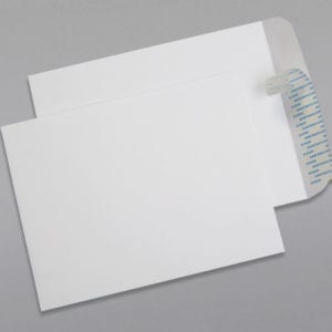 Front and back of a 9 1/2 x 12 1/2 Catalog Envelope 28# White Wove with Peel & Stick