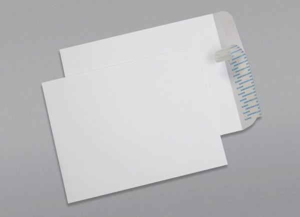 Front and back of a 9 1/2 x 12 1/2 Catalog Envelope 28# White Wove with Peel & Stick