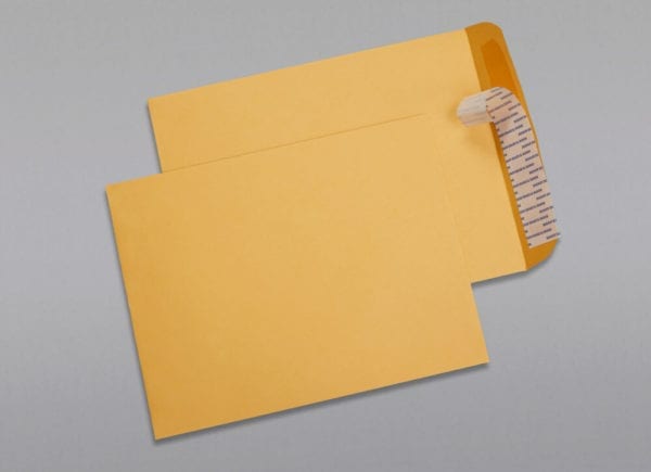 Front and back of a 9 1/2 x 12 1/2 Catalog Envelope 28# Brown Kraft with Peel & Stick