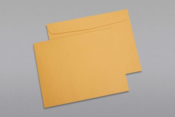 Front and back of a 10 x 13 Booklet Envelope 28# Brown Kraft with Regular Gum