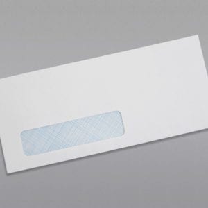 Front of a #10 Standard Window Envelope Blue Security Tint with Peel & Stick with window in bottom left