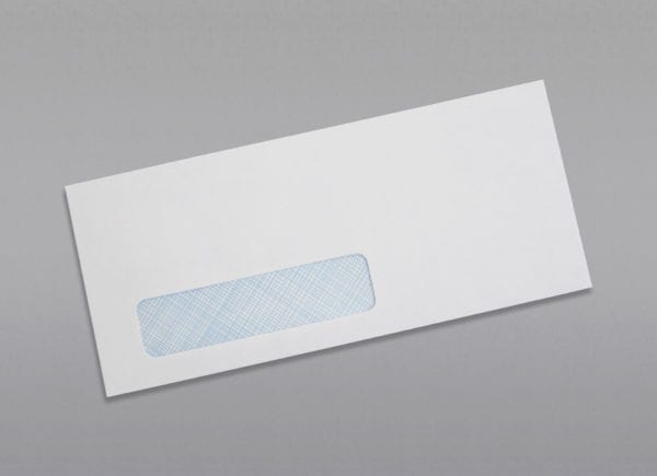 Front of a #10 Standard Window Envelope Blue Security Tint with Peel & Stick with window in bottom left