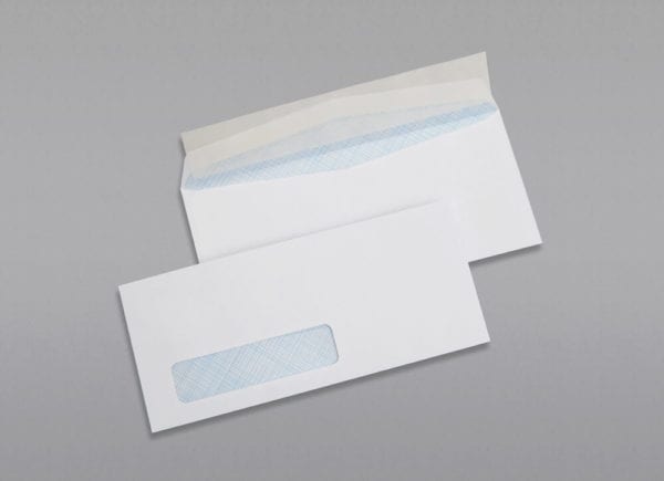 Front and back of a #10 Standard Window Envelope Blue Security Tint with Peel & Stick