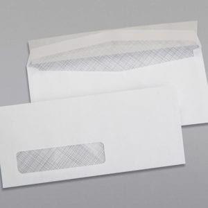 Front and back of a #10 Standard Window Envelope Black Security Tint with Peel & Stick