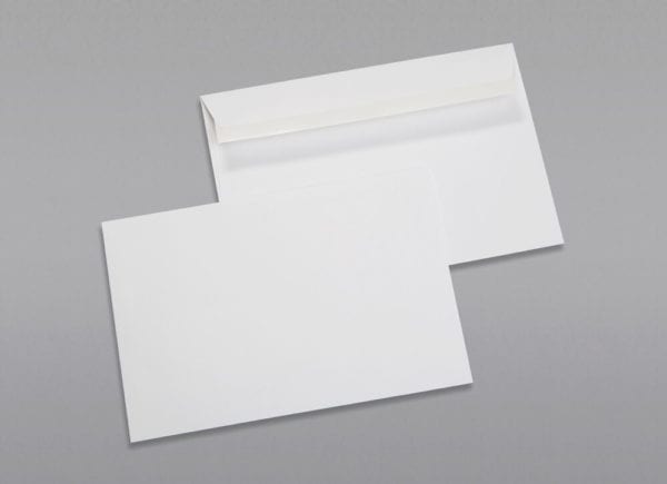 Front and back of a 6 x 9 Booklet Envelope 24# White Wove with Peel & Stick